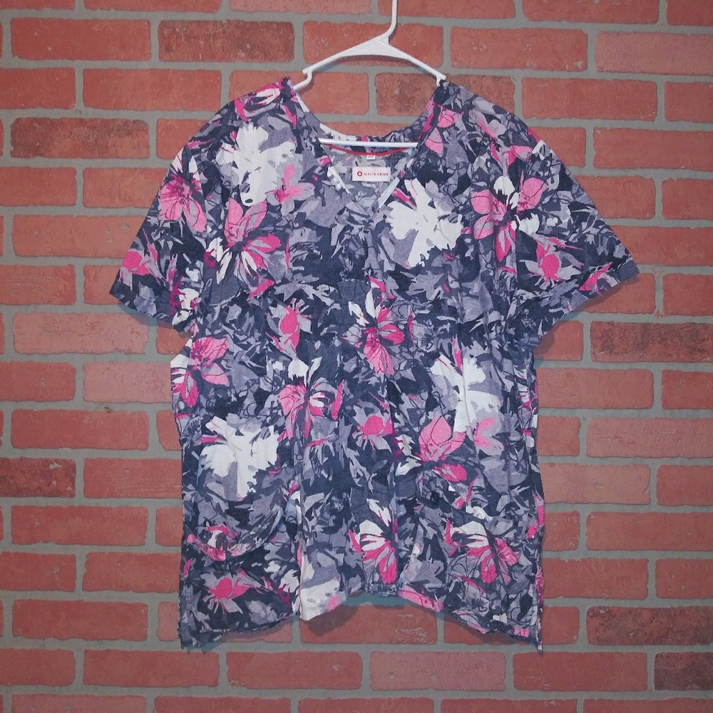 3X floral scrub top White Cross gray pink tropical